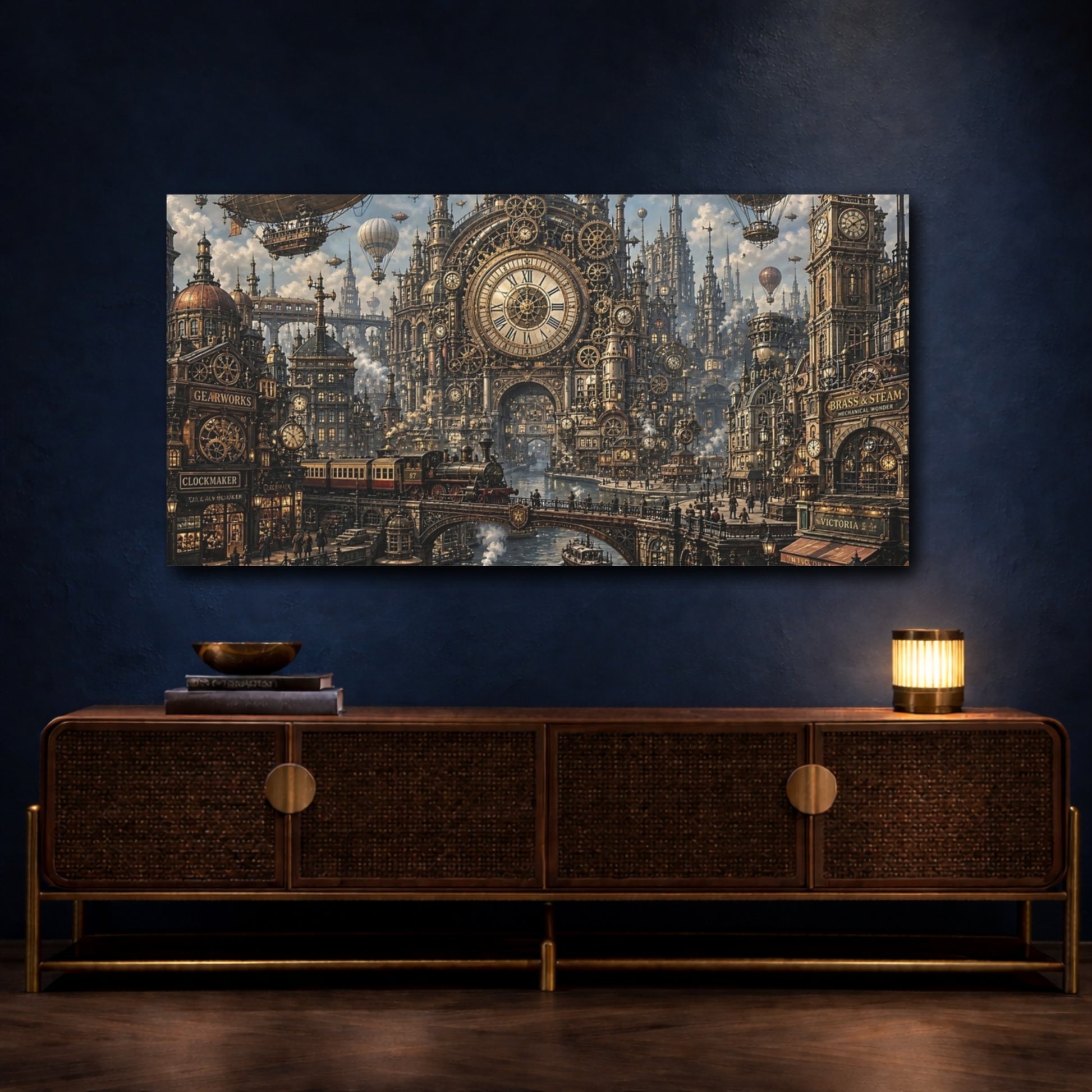 Mockup 4. Science Fiction Steampunk City Bronze Gold City shown as stretched canvas wall art