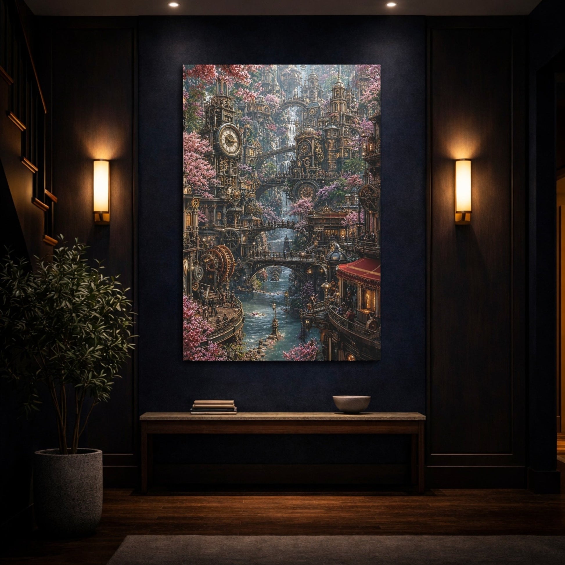 Science Fiction Steampunk City Bronze Pink Canvas Print – Living Room, Above Fireplace, - YesArtYes