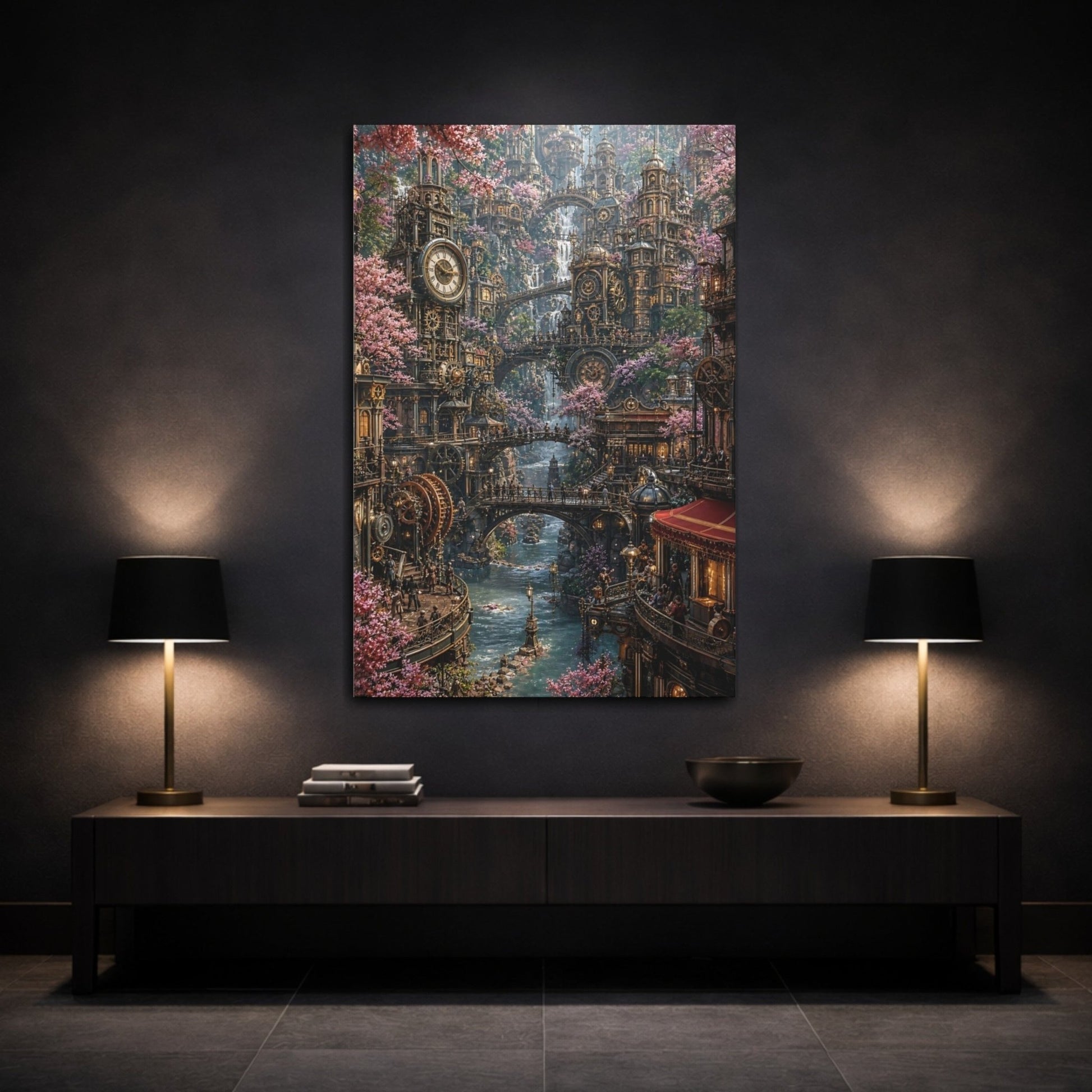 Science Fiction Steampunk City Bronze Pink Canvas Print – Living Room, Above Fireplace, - YesArtYes