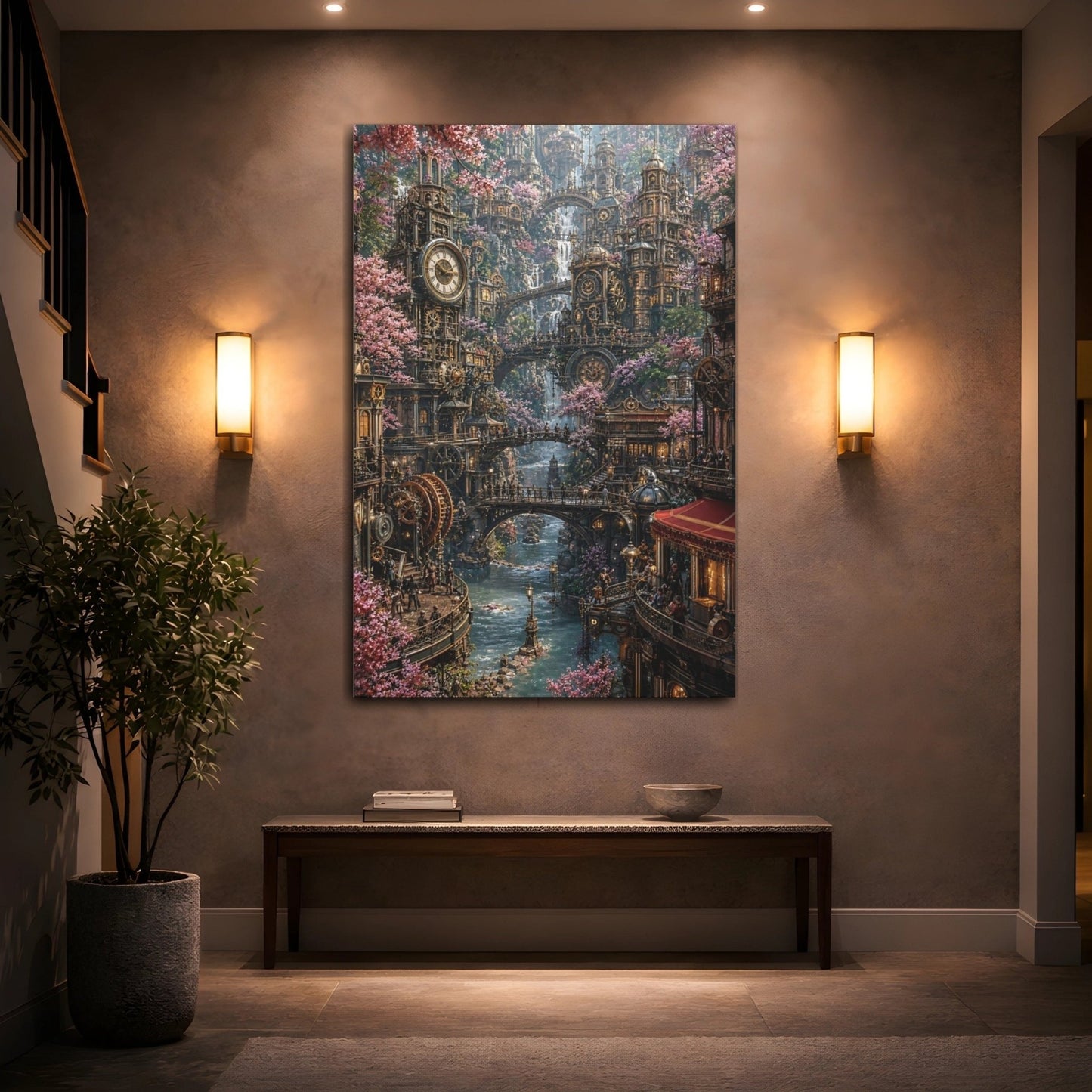 Science Fiction Steampunk City Bronze Pink Canvas Print – Living Room, Above Fireplace, - YesArtYes