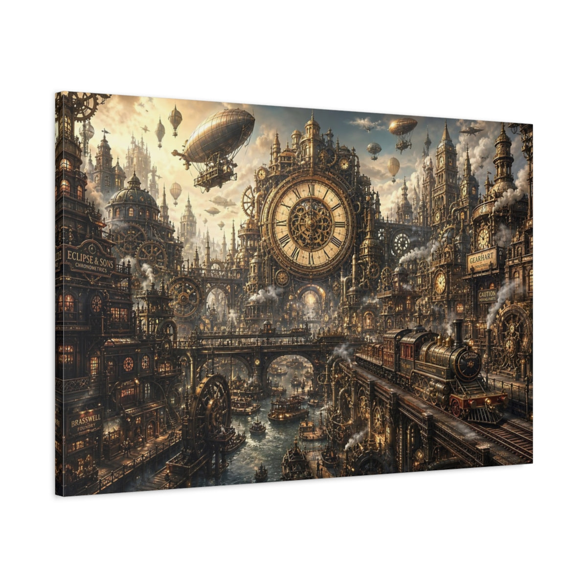 Main Mockup. Science Fiction Steampunk City Bronze Steampunk shown as stretched canvas wall art