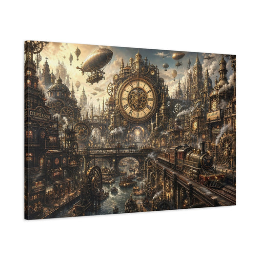 Main Mockup. Science Fiction Steampunk City Bronze Steampunk shown as stretched canvas wall art