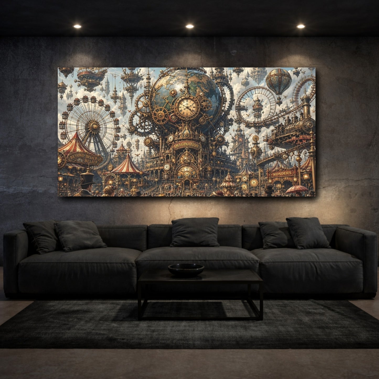 Mockup 2. Science Fiction Steampunk City Bronze Steampunk City shown as stretched canvas wall art