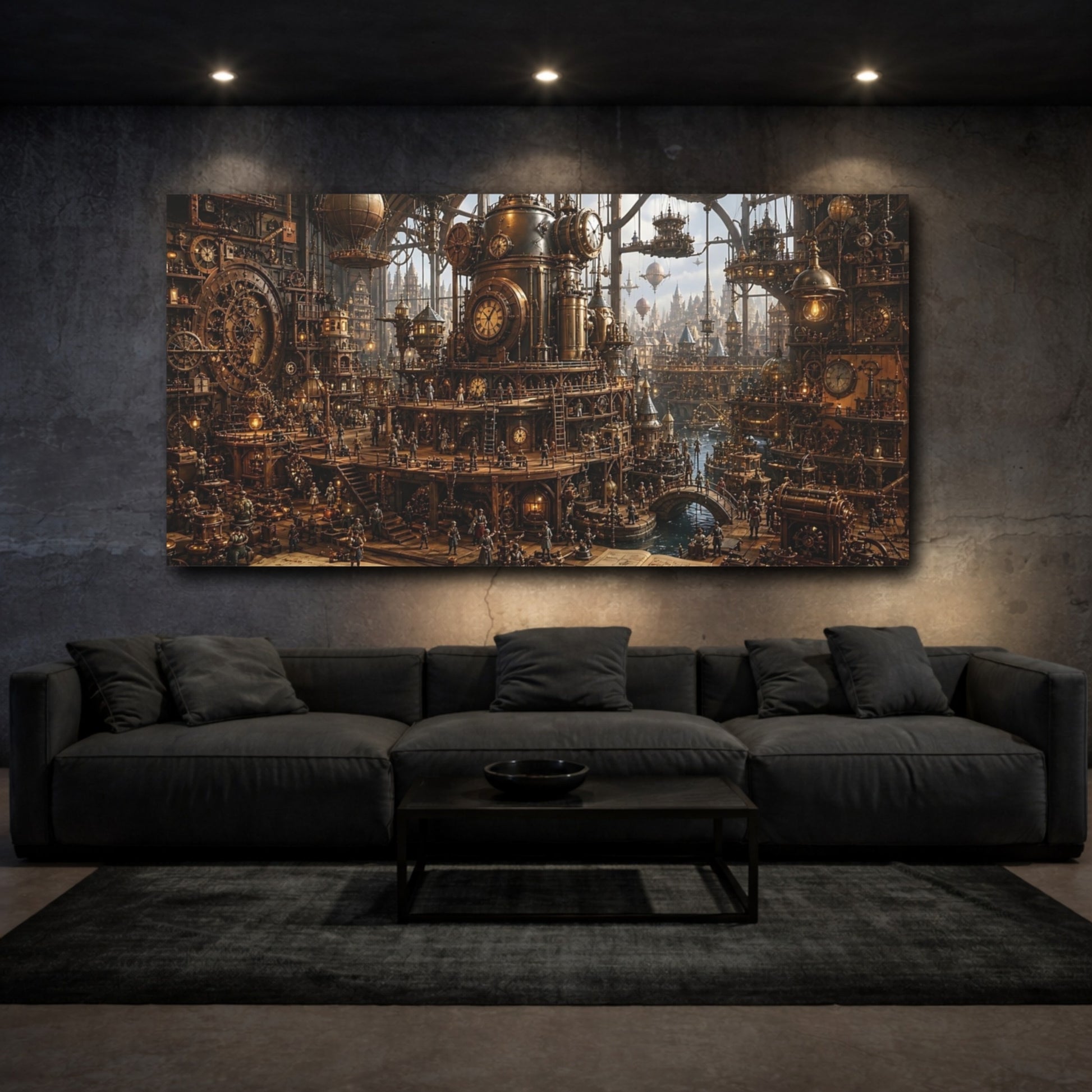 Mockup 2. Science Fiction Steampunk City Bronze Steampunk City shown as stretched canvas wall art