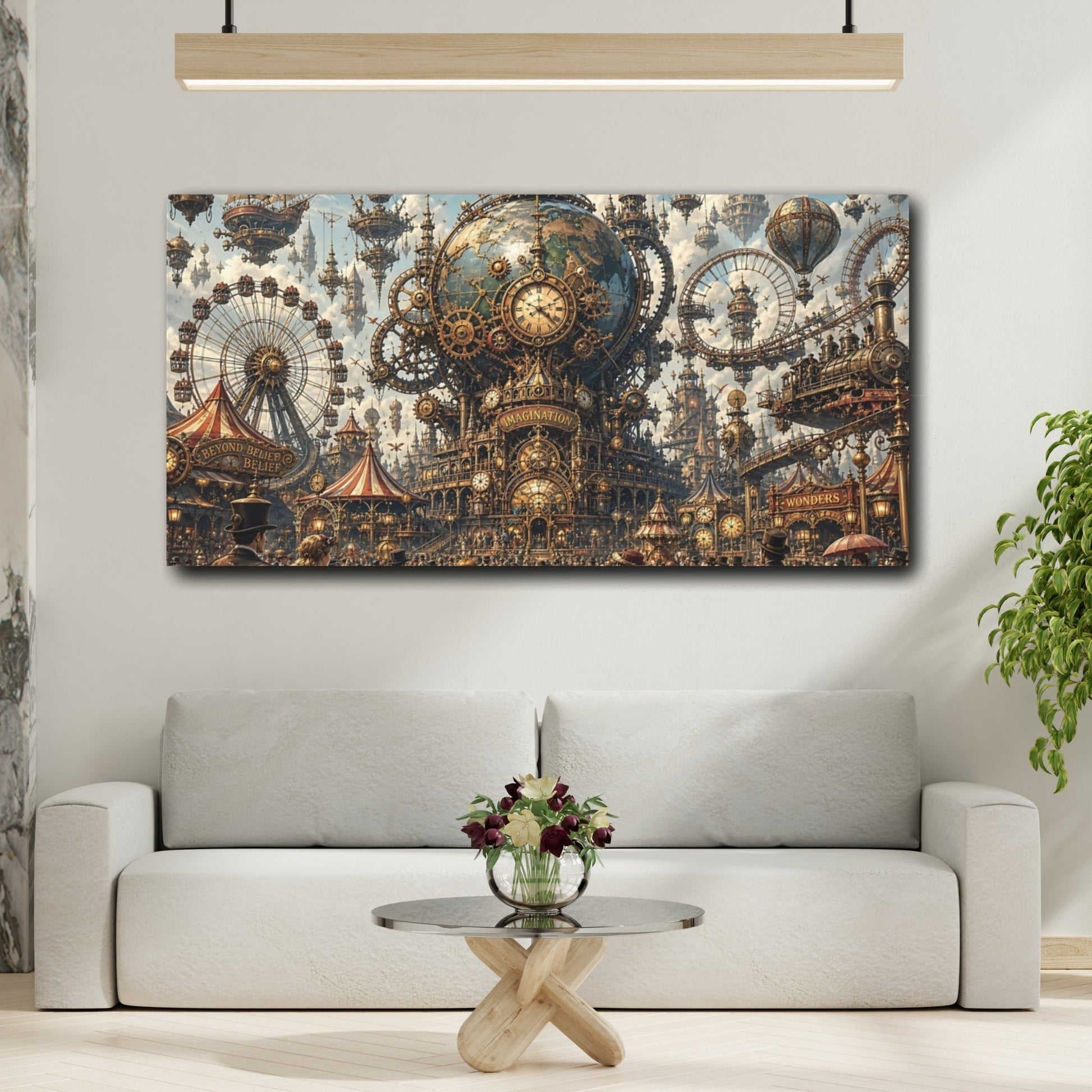 Mockup 3. Science Fiction Steampunk City Bronze Steampunk City shown as stretched canvas wall art