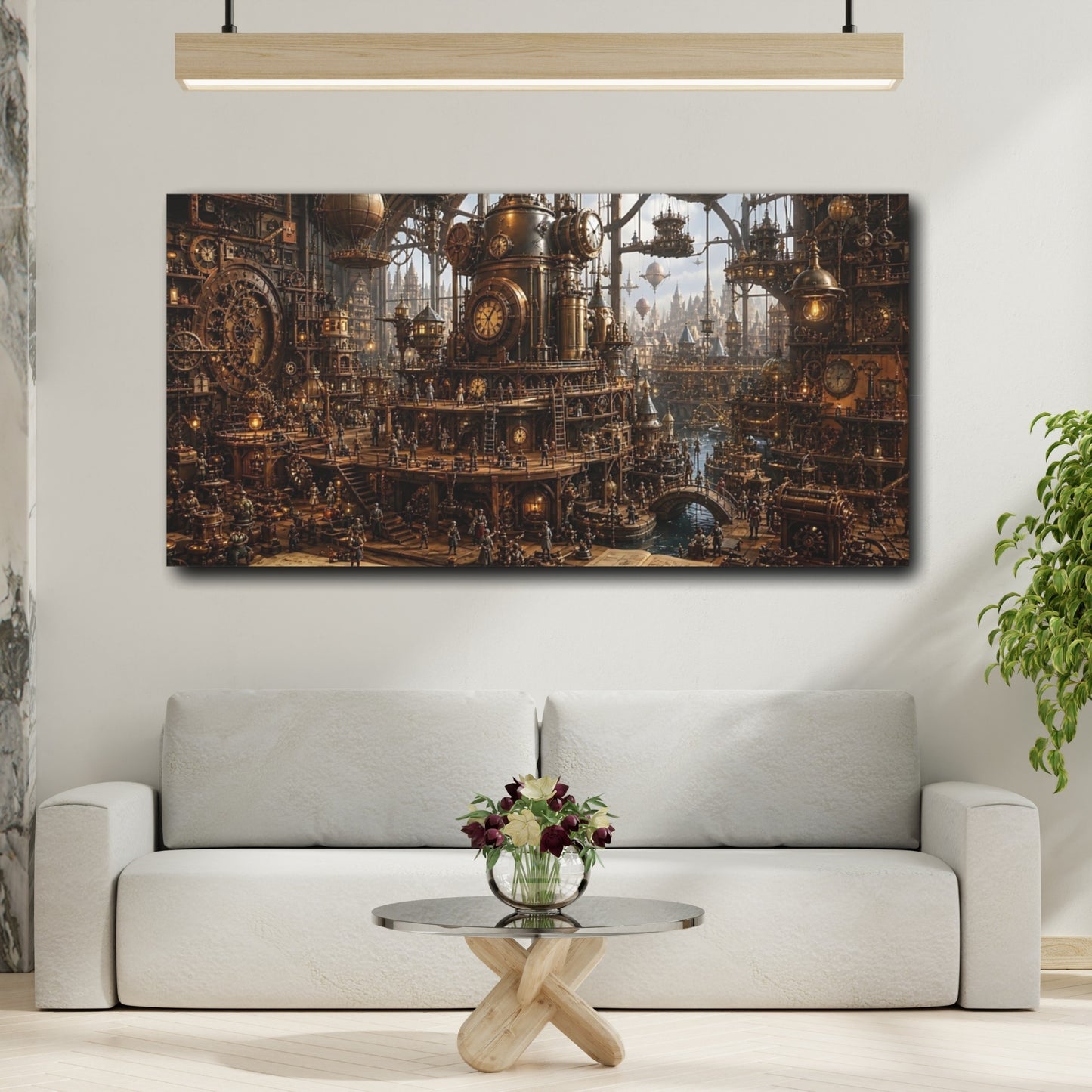 Mockup 3. Science Fiction Steampunk City Bronze Steampunk City shown as stretched canvas wall art
