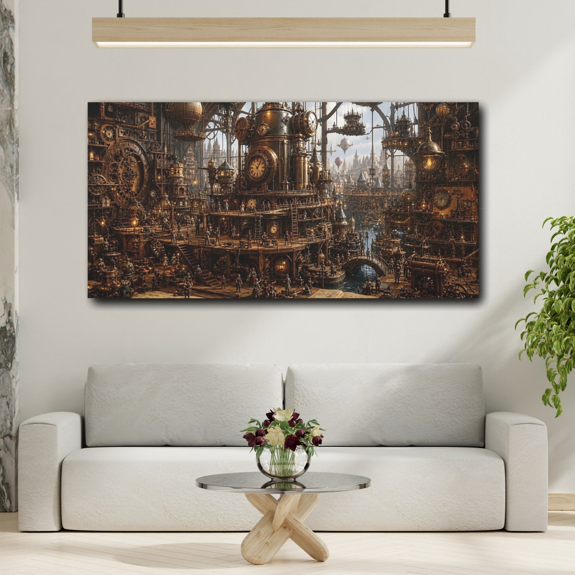 Mockup 3. Science Fiction Steampunk City Bronze Steampunk City shown as stretched canvas wall art