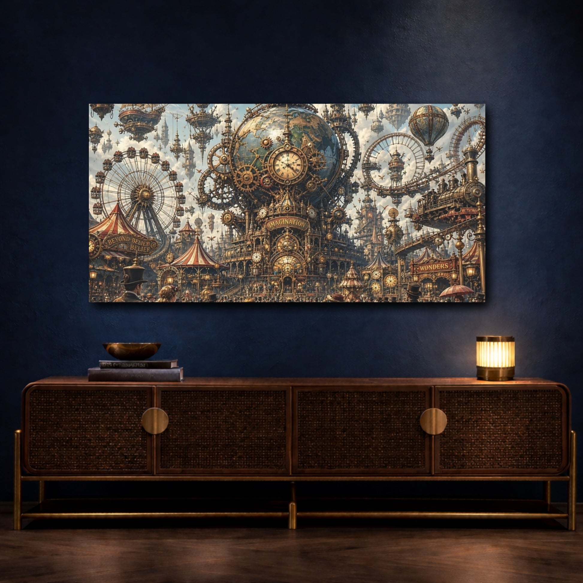 Mockup 4. Science Fiction Steampunk City Bronze Steampunk City shown as stretched canvas wall art