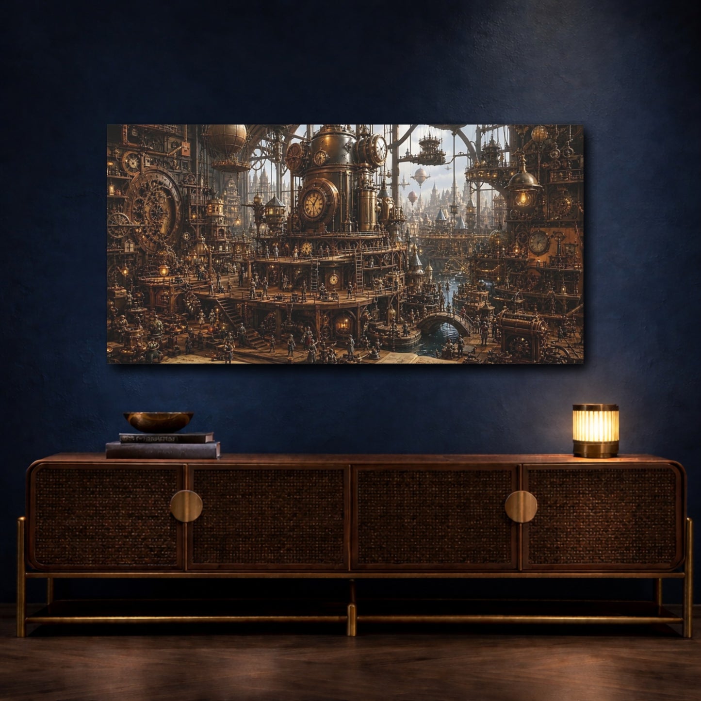 Mockup 4. Science Fiction Steampunk City Bronze Steampunk City shown as stretched canvas wall art
