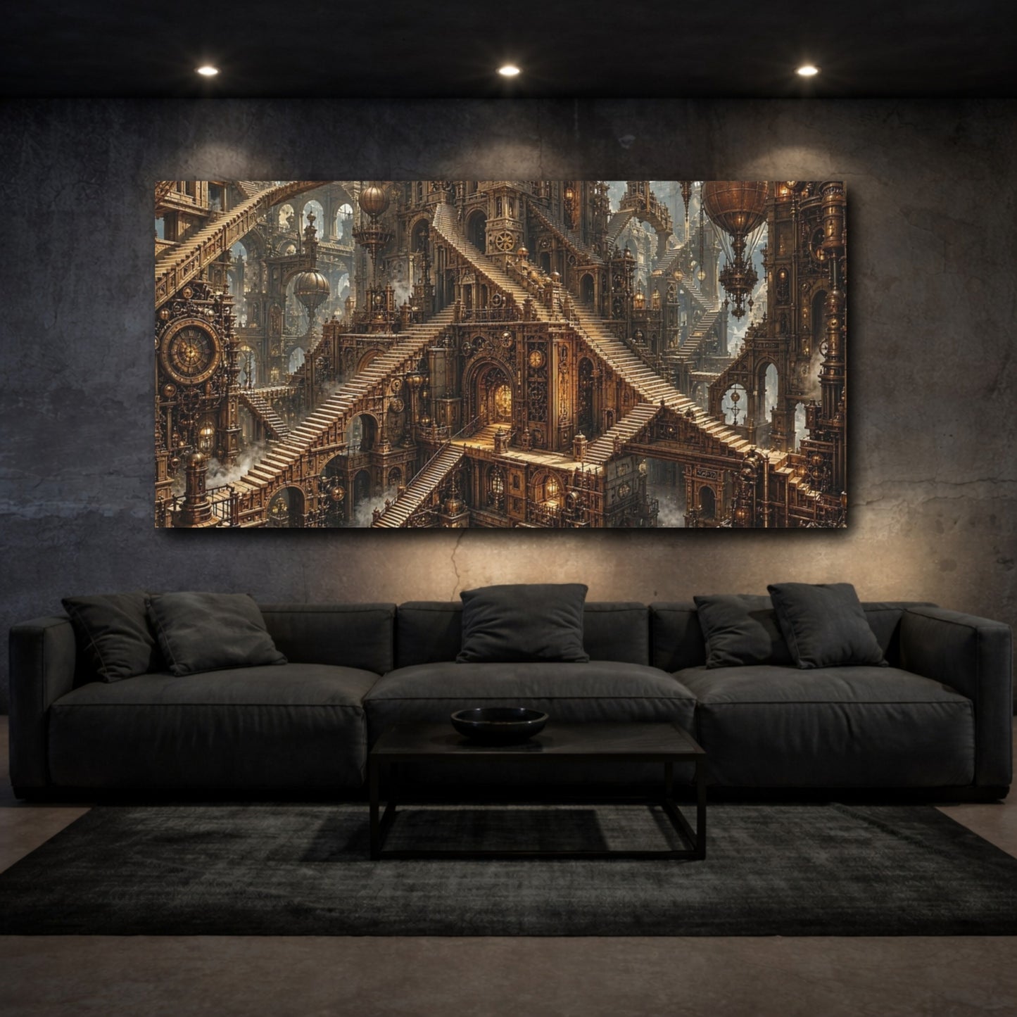 Mockup 2. Science Fiction Steampunk City Bronze Steampunk shown as stretched canvas wall art