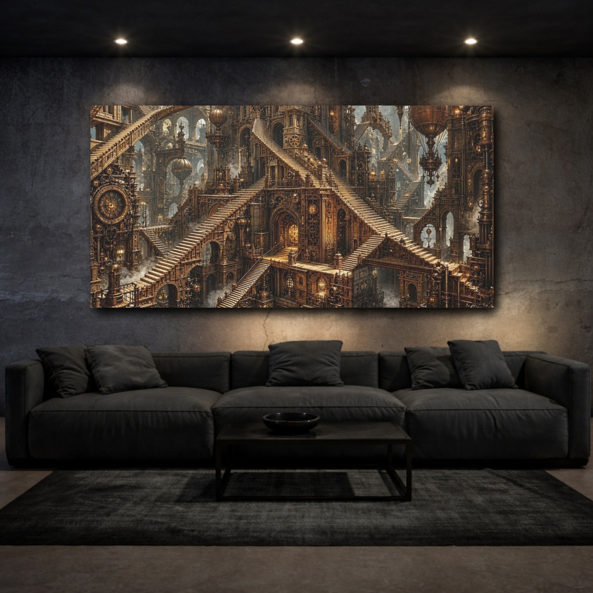 Mockup 2. Science Fiction Steampunk City Bronze Steampunk shown as stretched canvas wall art