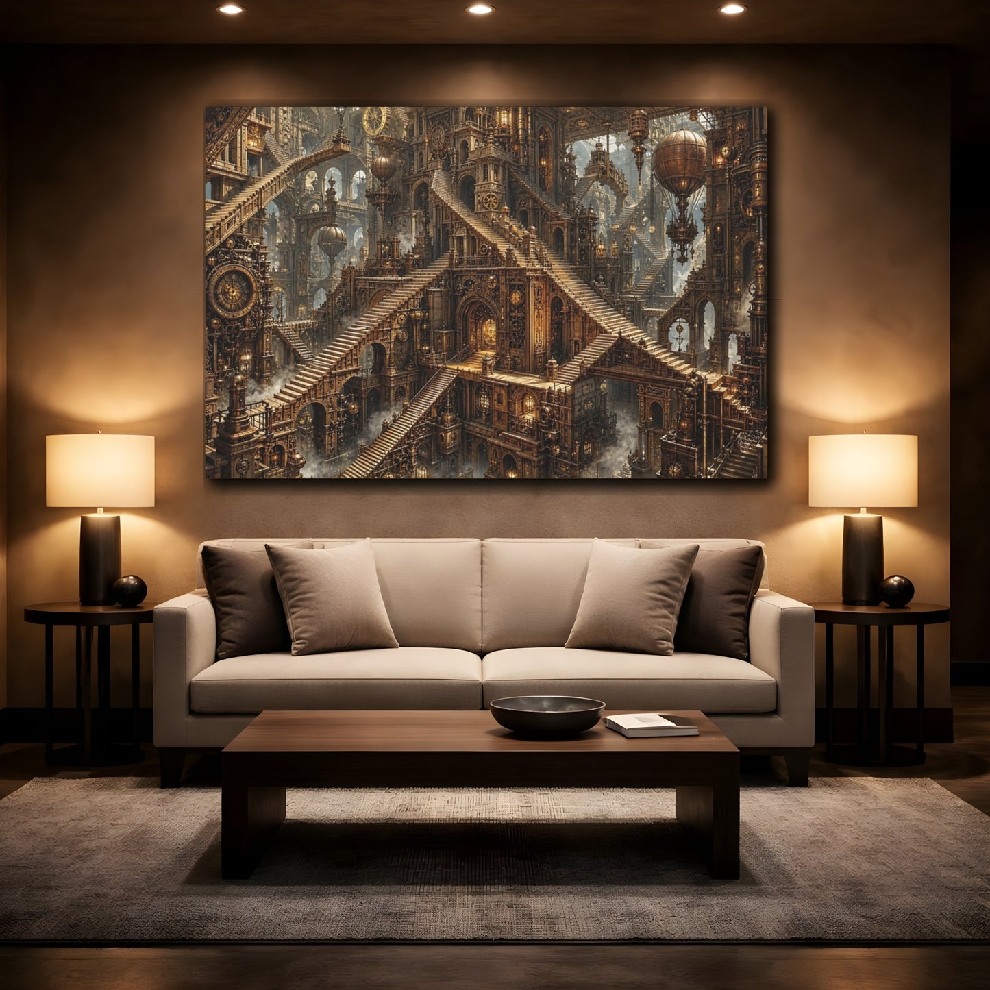 Mockup 2. Science Fiction Steampunk City Bronze Steampunk shown as stretched canvas wall art
