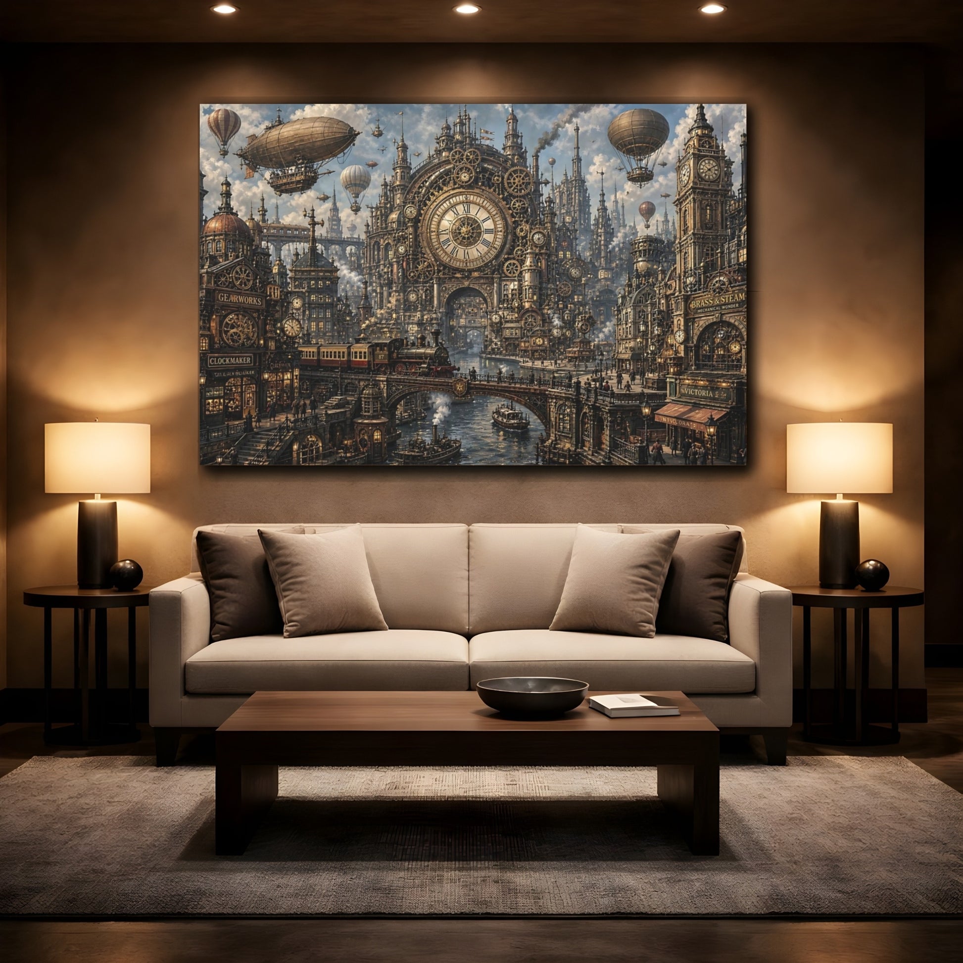 Mockup 2. Science Fiction Steampunk City Bronze Steampunk shown as stretched canvas wall art
