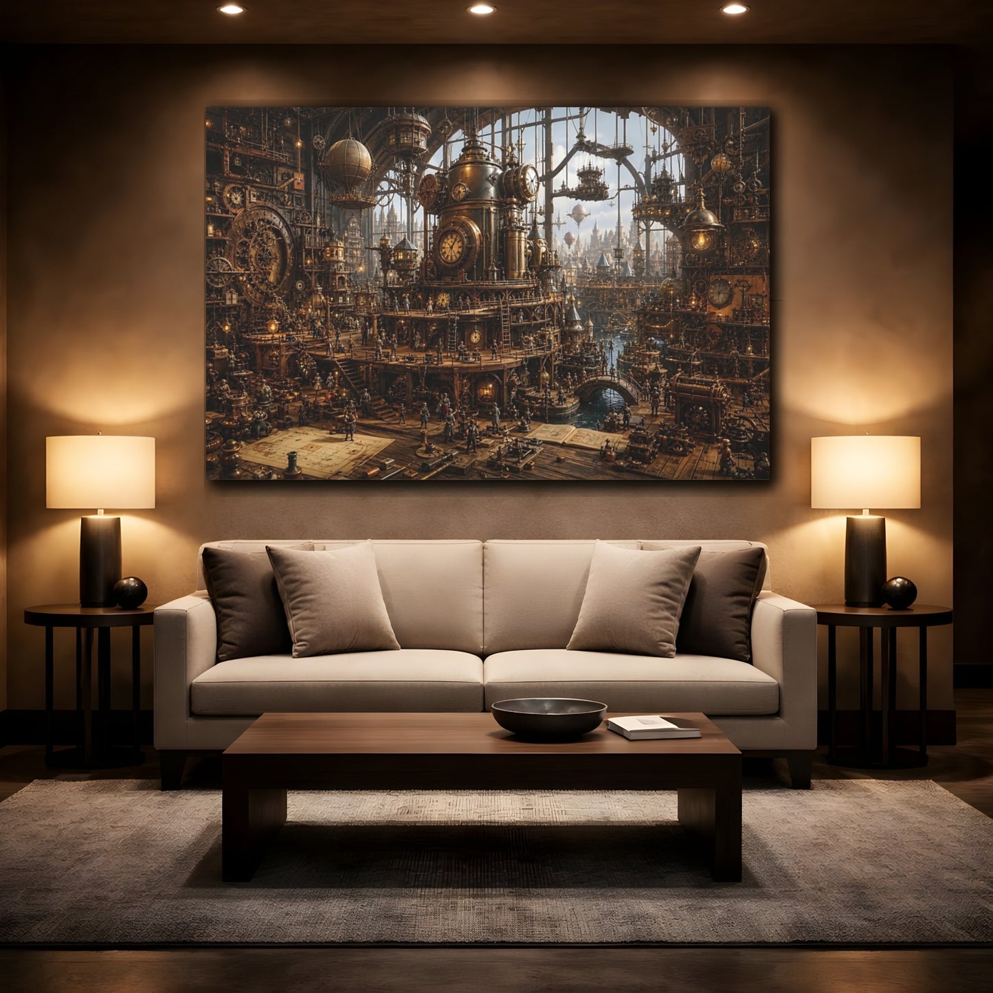 Mockup 2. Science Fiction Steampunk City Bronze Steampunk shown as stretched canvas wall art