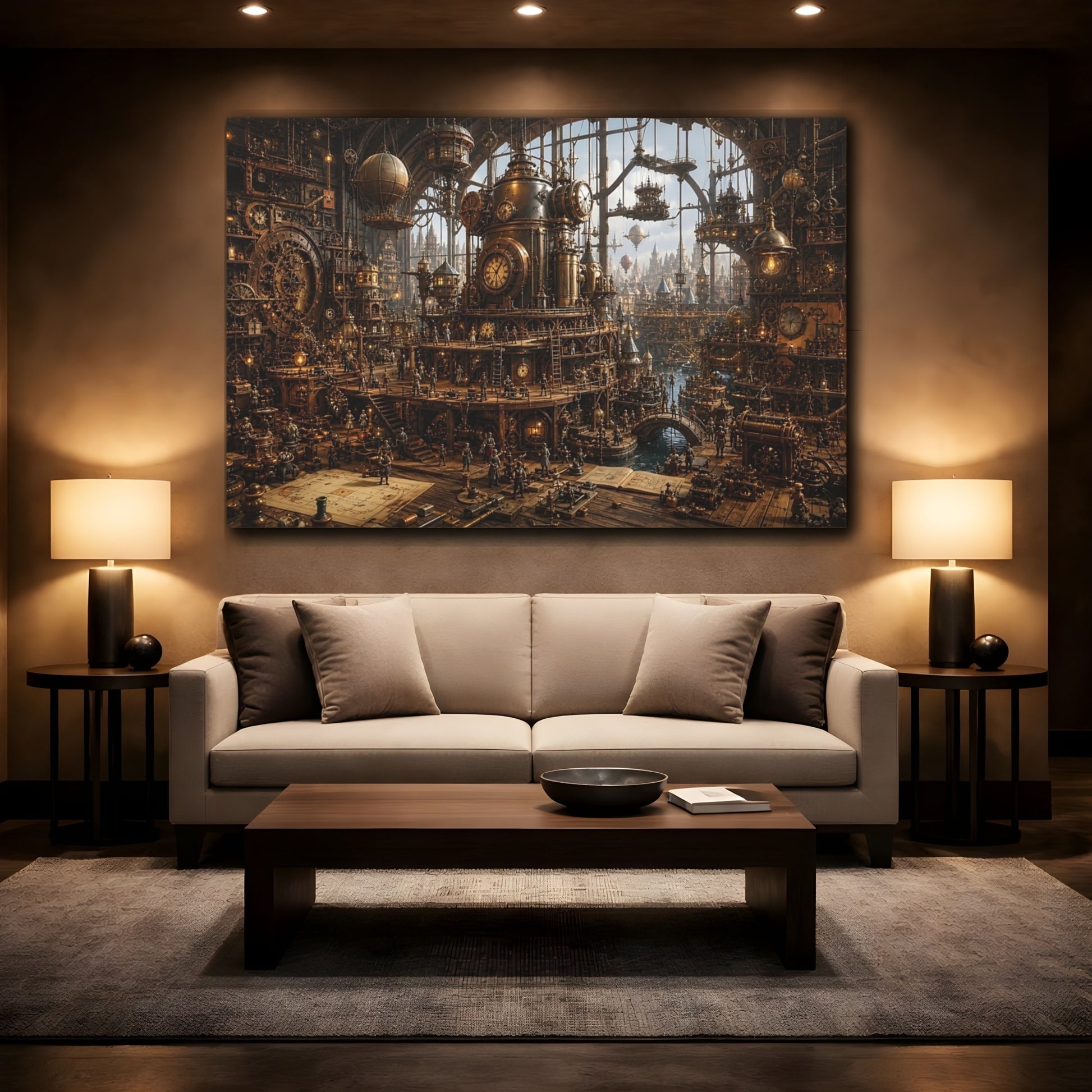 Mockup 2. Science Fiction Steampunk City Bronze Steampunk shown as stretched canvas wall art
