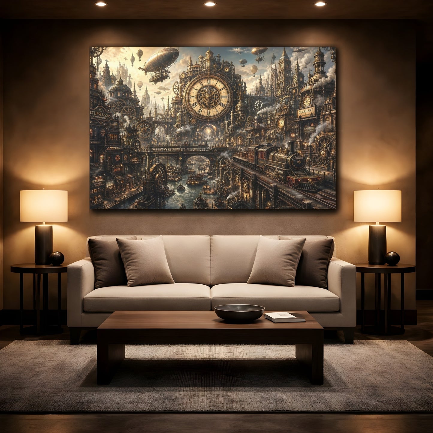 Mockup 2. Science Fiction Steampunk City Bronze Steampunk shown as stretched canvas wall art