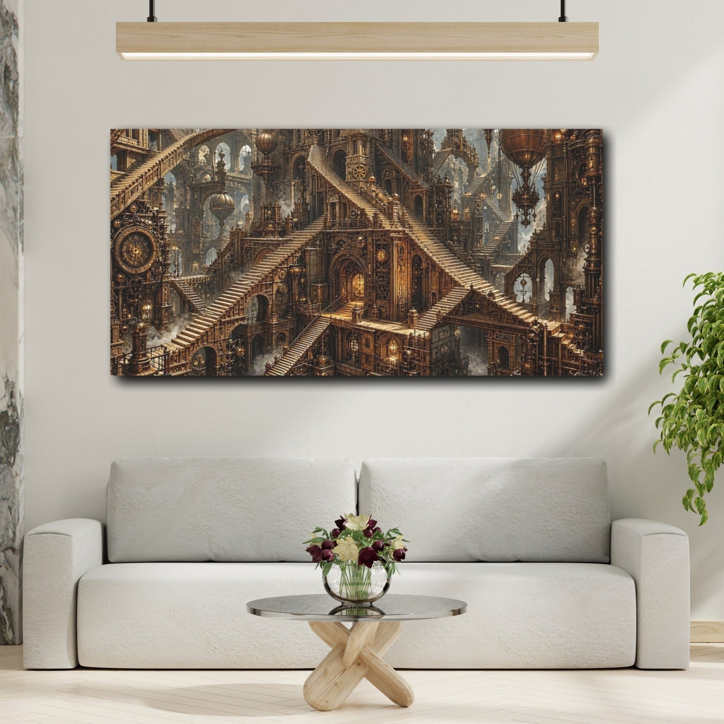 Mockup 3. Science Fiction Steampunk City Bronze Steampunk shown as stretched canvas wall art