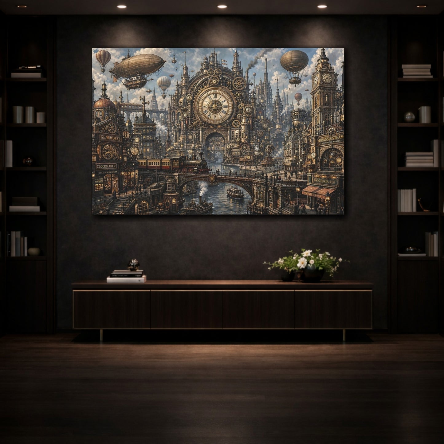 Mockup 3. Science Fiction Steampunk City Bronze Steampunk shown as stretched canvas wall art