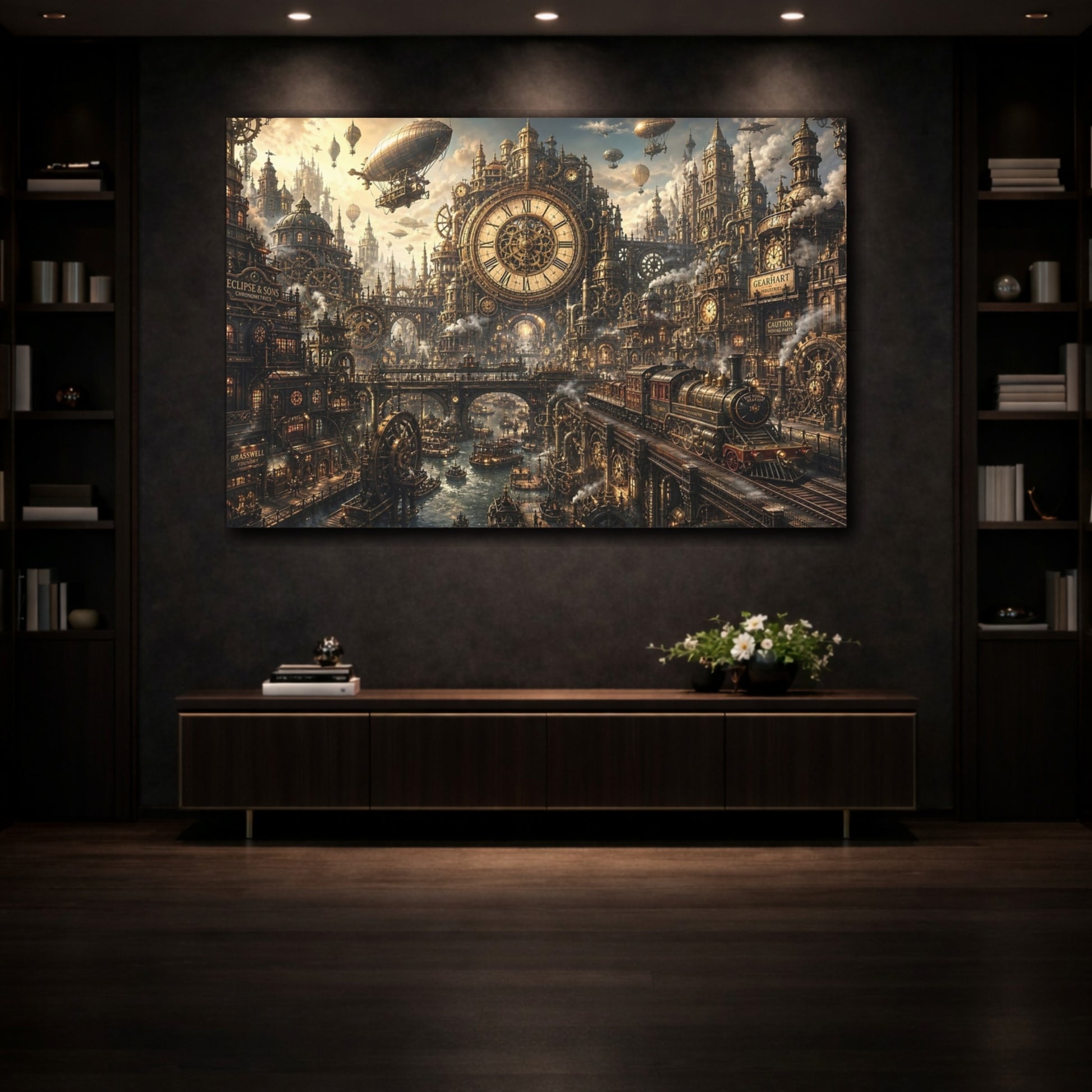 Mockup 3. Science Fiction Steampunk City Bronze Steampunk shown as stretched canvas wall art