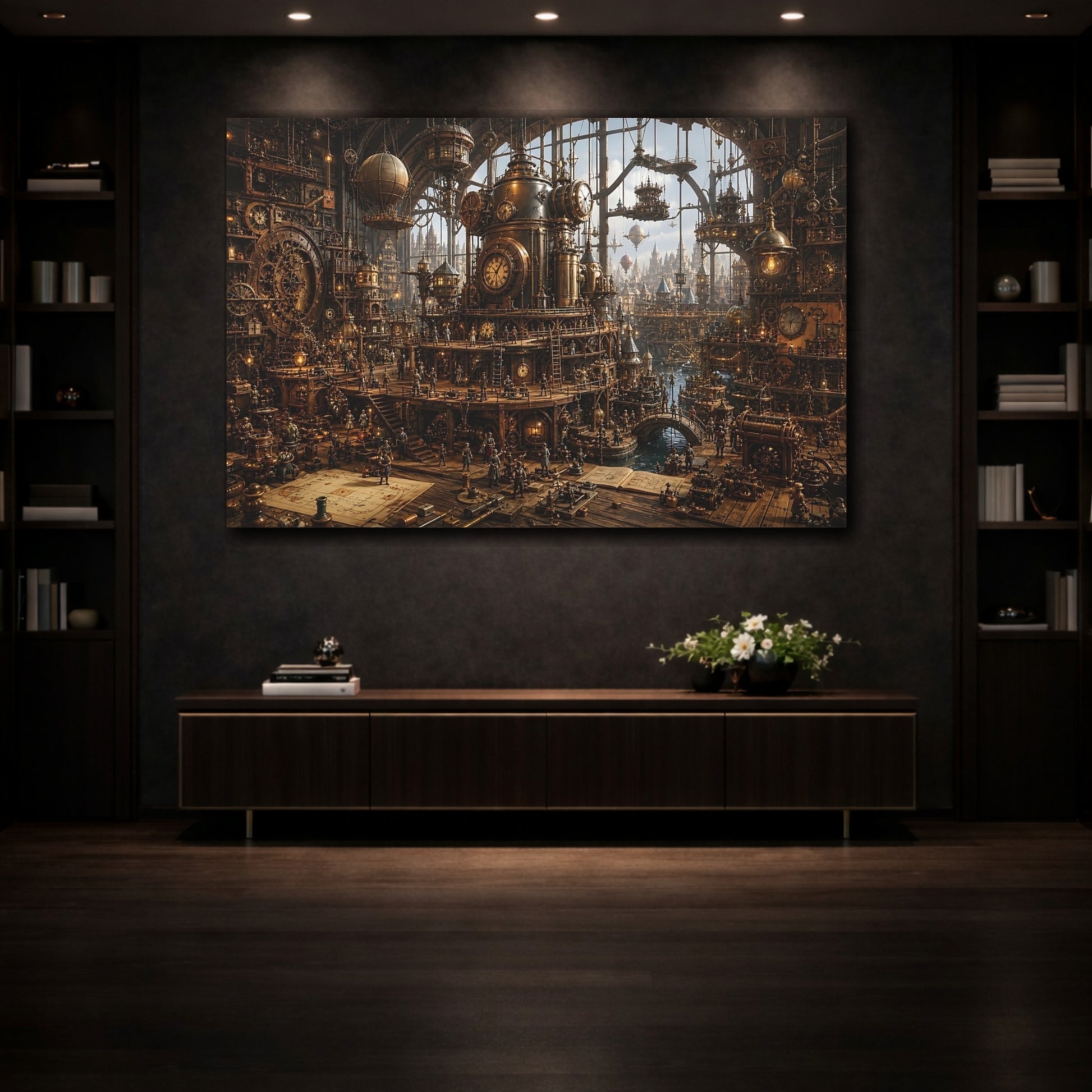 Mockup 3. Science Fiction Steampunk City Bronze Steampunk shown as stretched canvas wall art