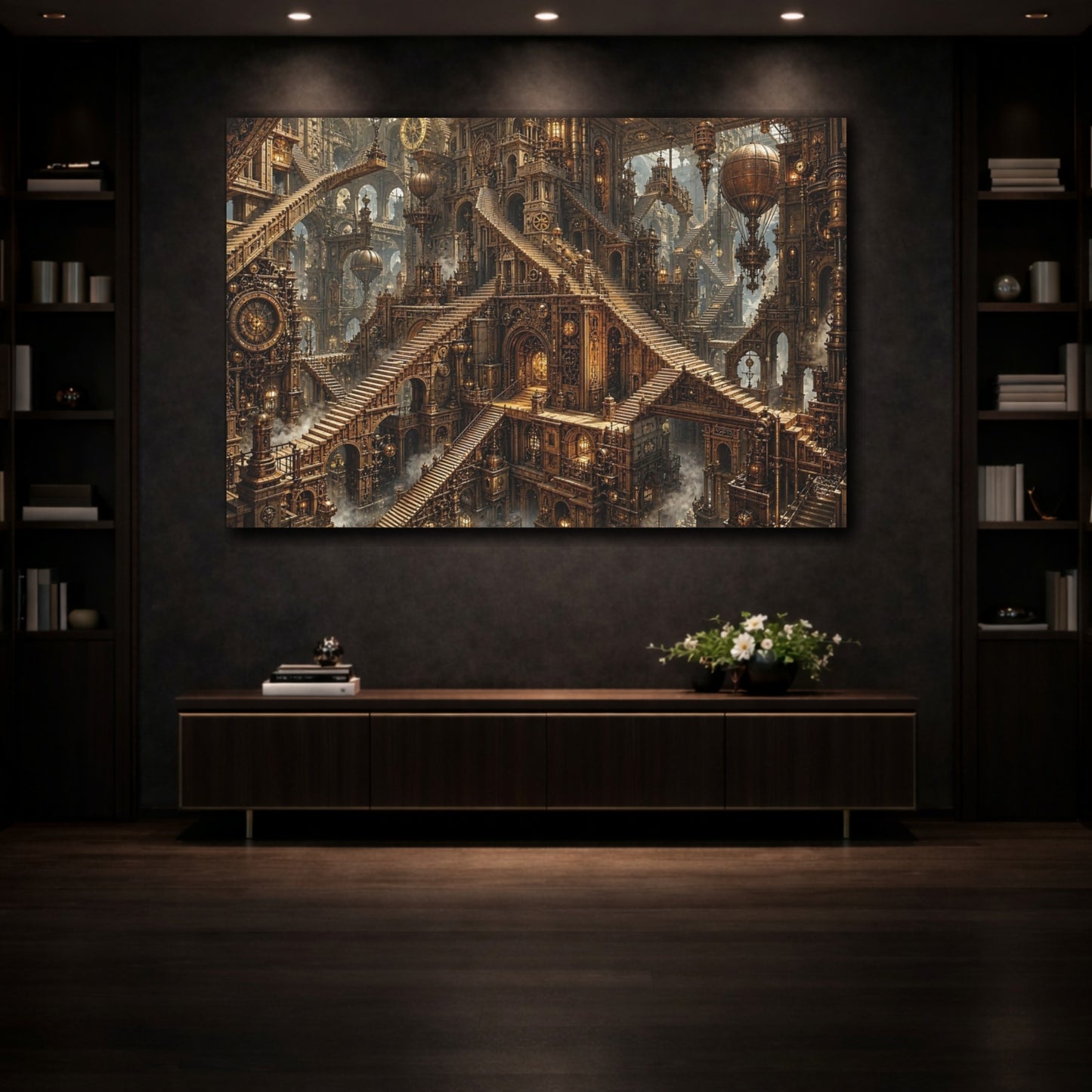 Mockup 3. Science Fiction Steampunk City Bronze Steampunk shown as stretched canvas wall art
