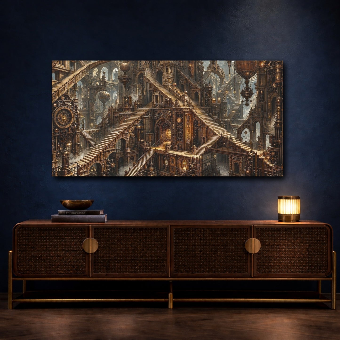 Mockup 4. Science Fiction Steampunk City Bronze Steampunk shown as stretched canvas wall art