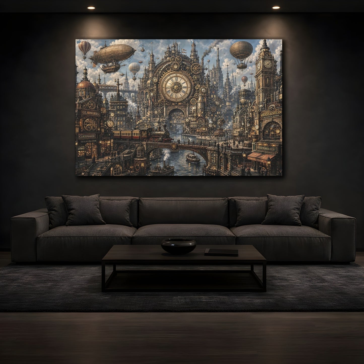 Mockup 4. Science Fiction Steampunk City Bronze Steampunk shown as stretched canvas wall art