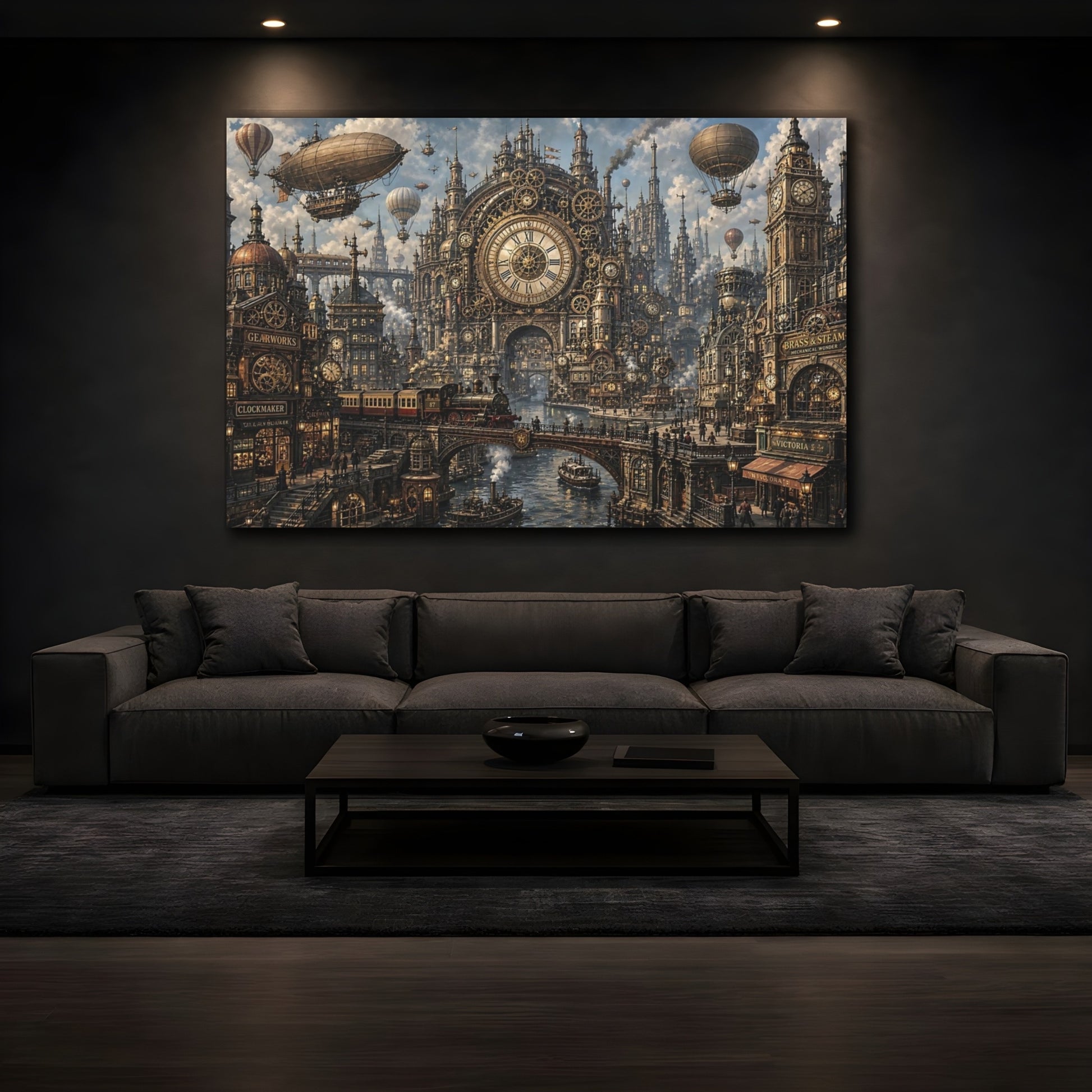 Mockup 4. Science Fiction Steampunk City Bronze Steampunk shown as stretched canvas wall art