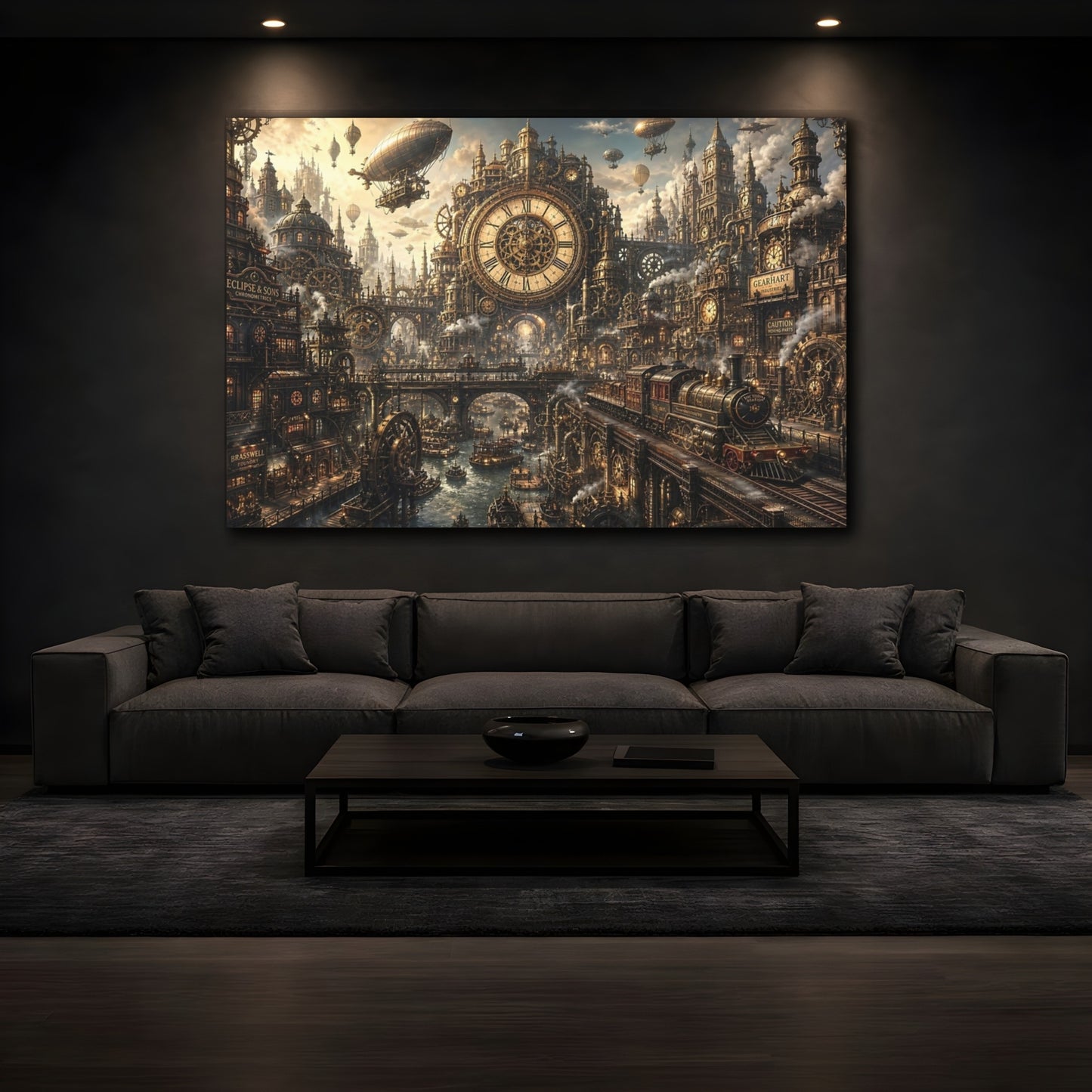 Mockup 4. Science Fiction Steampunk City Bronze Steampunk shown as stretched canvas wall art