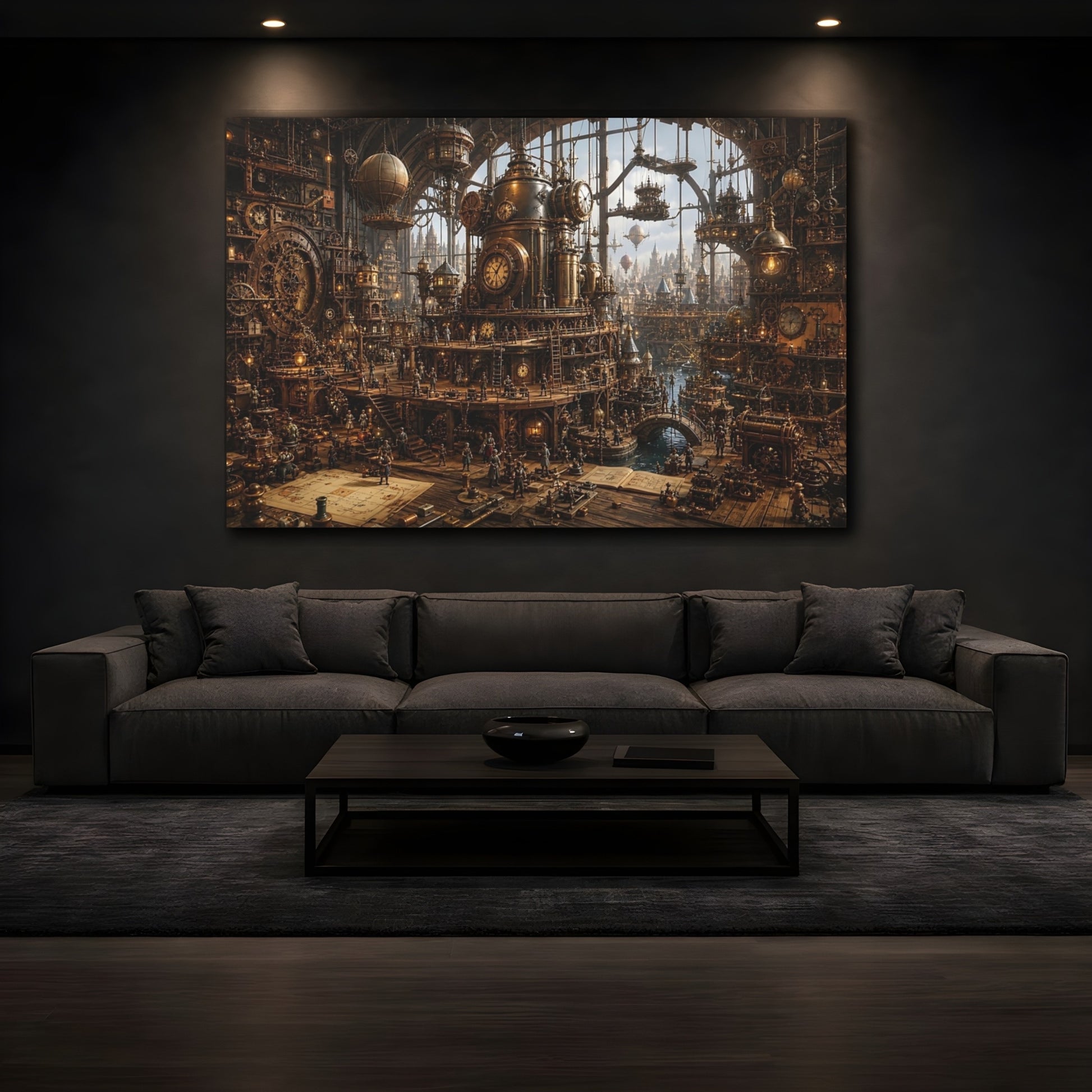Mockup 4. Science Fiction Steampunk City Bronze Steampunk shown as stretched canvas wall art