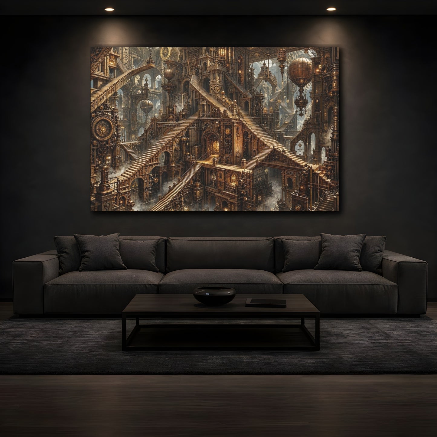 Mockup 4. Science Fiction Steampunk City Bronze Steampunk shown as stretched canvas wall art