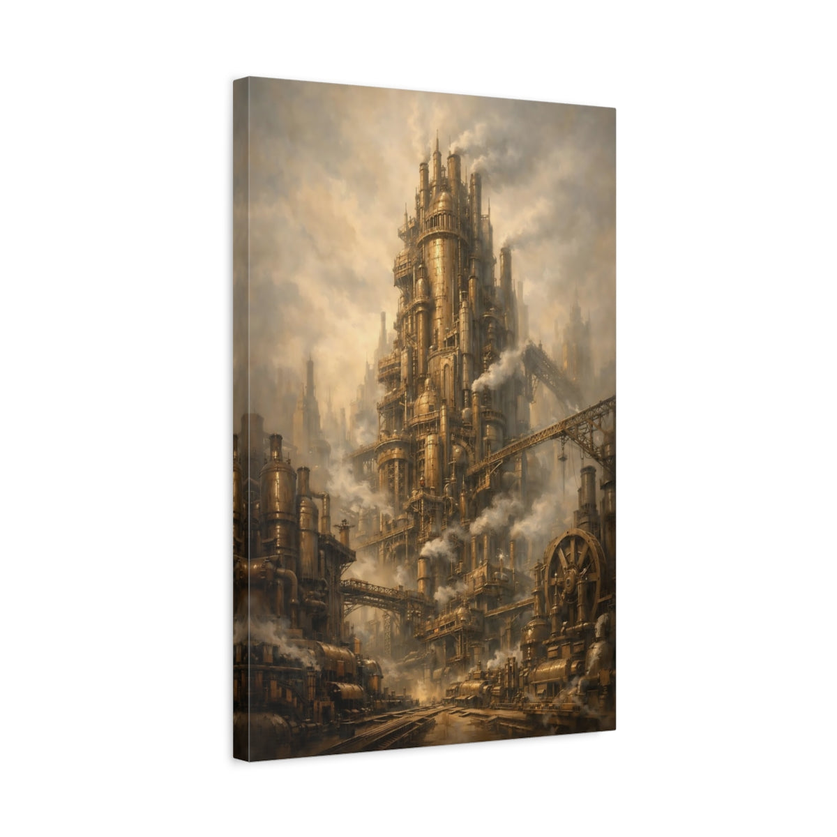 Side Mockup 3. Science Fiction Steampunk City Brown And Gold Steampunk shown as stretched canvas wall art