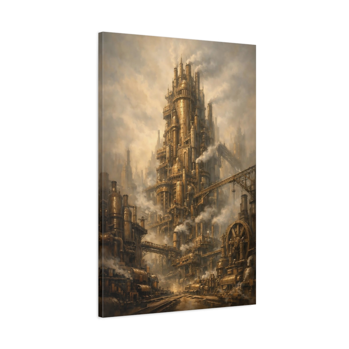 Side Mockup 1. Science Fiction Steampunk City Brown And Gold Steampunk shown as stretched canvas wall art