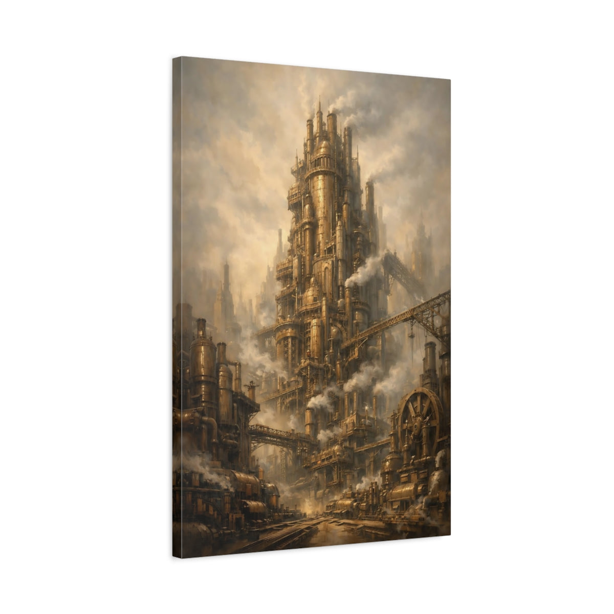 Side Mockup 2. Science Fiction Steampunk City Brown And Gold Steampunk shown as stretched canvas wall art