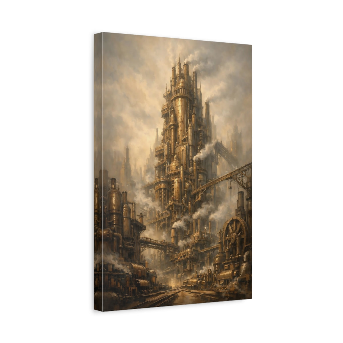 Side Mockup 4. Science Fiction Steampunk City Brown And Gold Steampunk shown as stretched canvas wall art