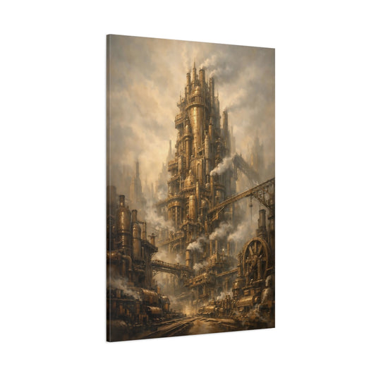Main Mockup. Science Fiction Steampunk City Brown And Gold Steampunk shown as stretched canvas wall art