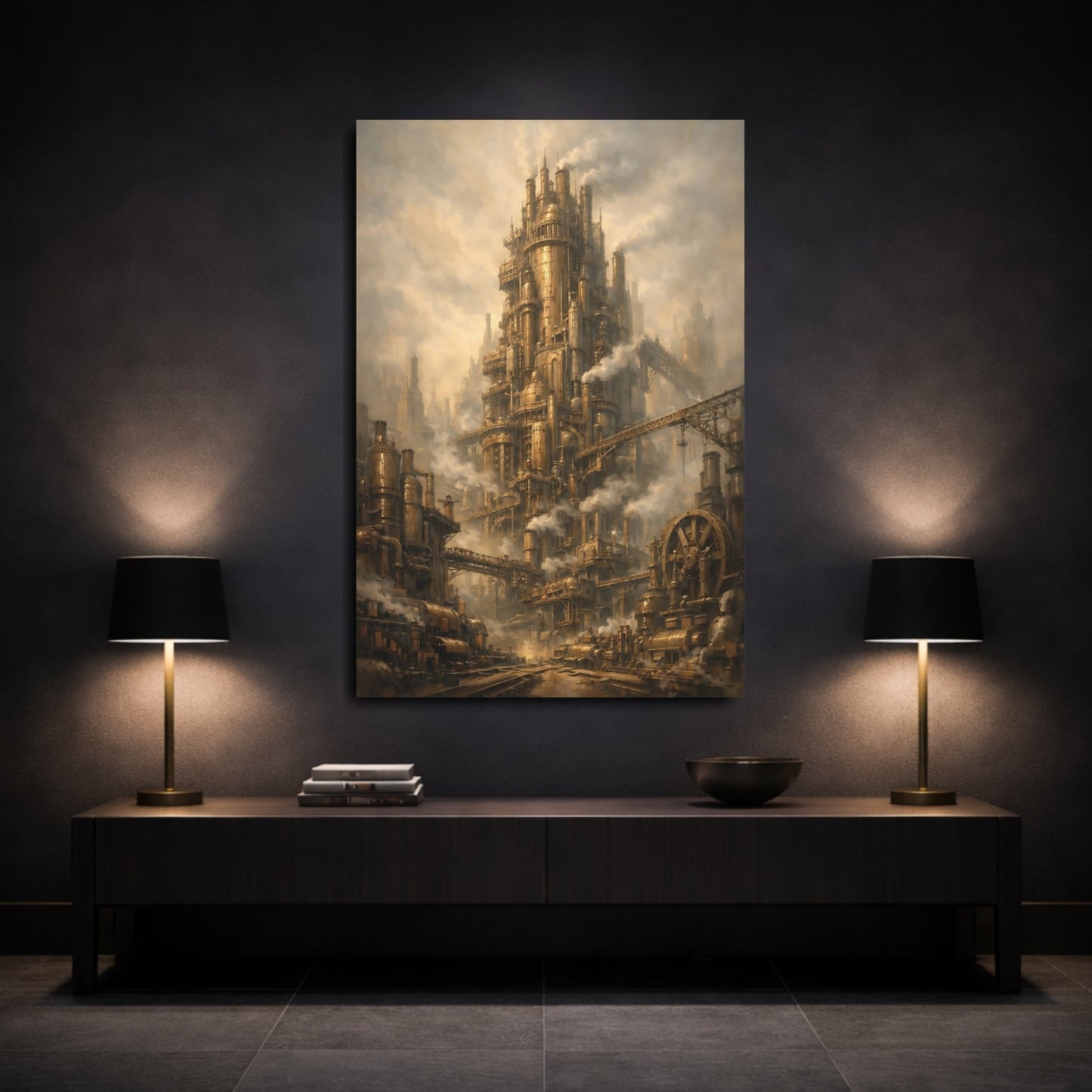 Mockup 2. Science Fiction Steampunk City Brown And Gold Steampunk shown as stretched canvas wall art