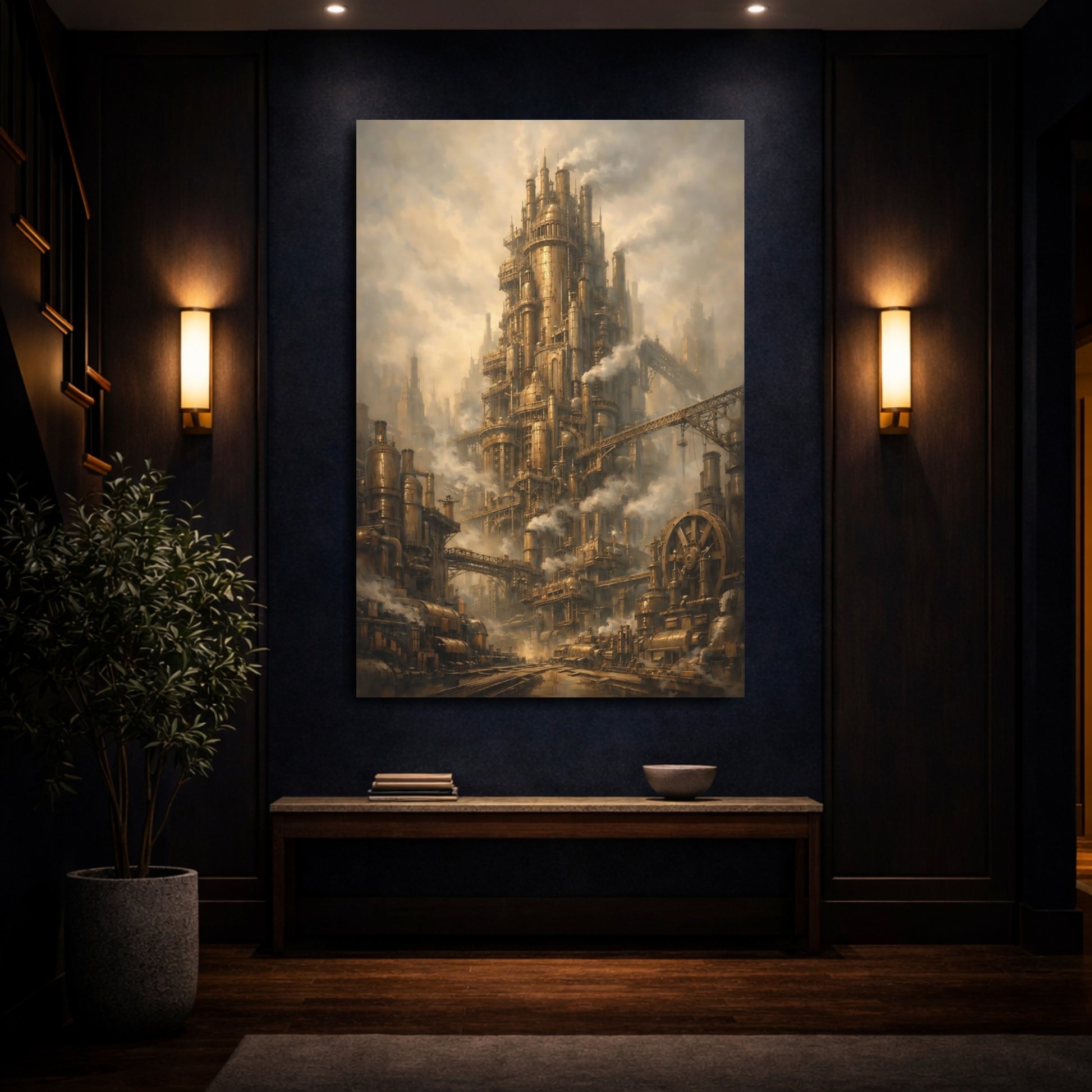 Mockup 3. Science Fiction Steampunk City Brown And Gold Steampunk shown as stretched canvas wall art