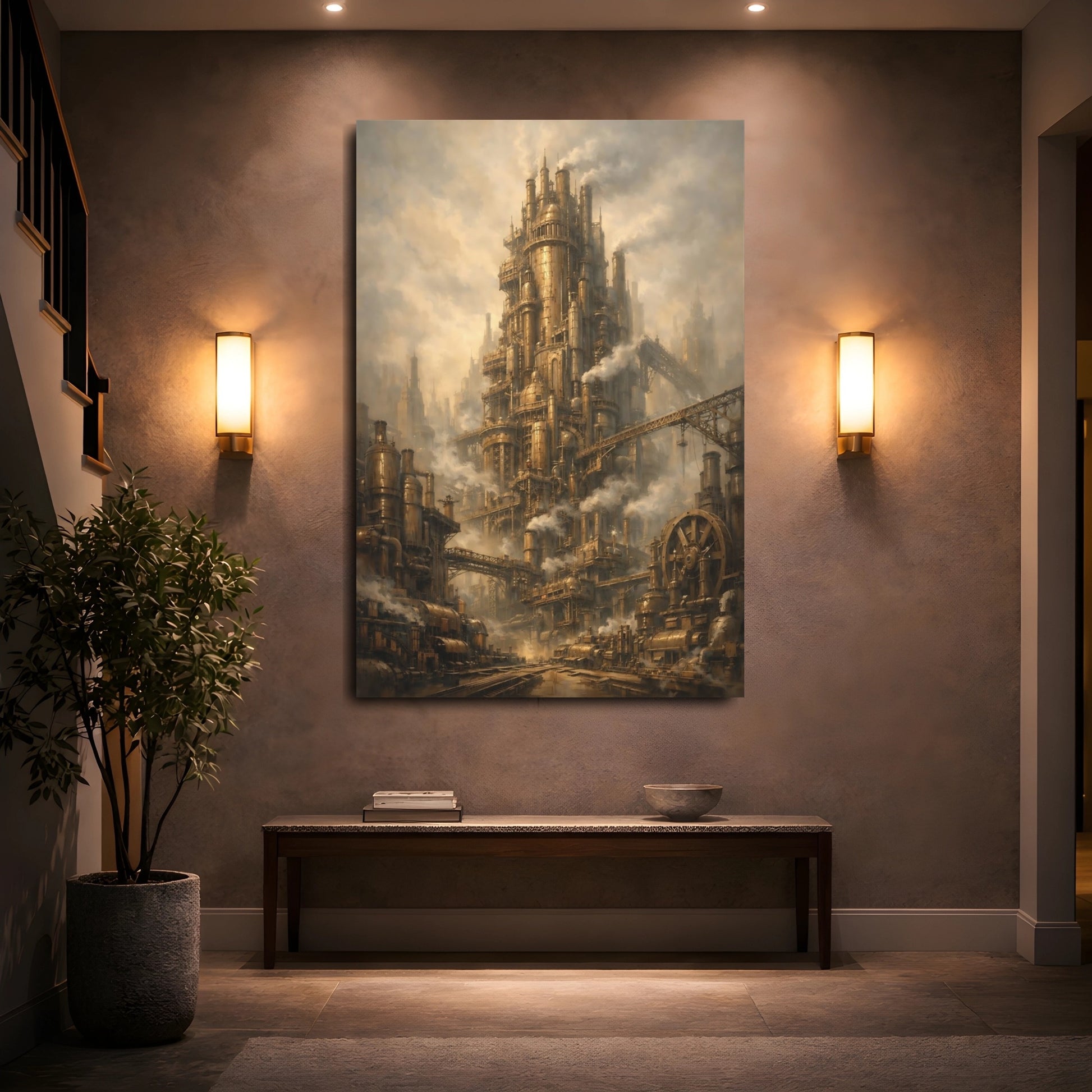 Mockup 4. Science Fiction Steampunk City Brown And Gold Steampunk shown as stretched canvas wall art