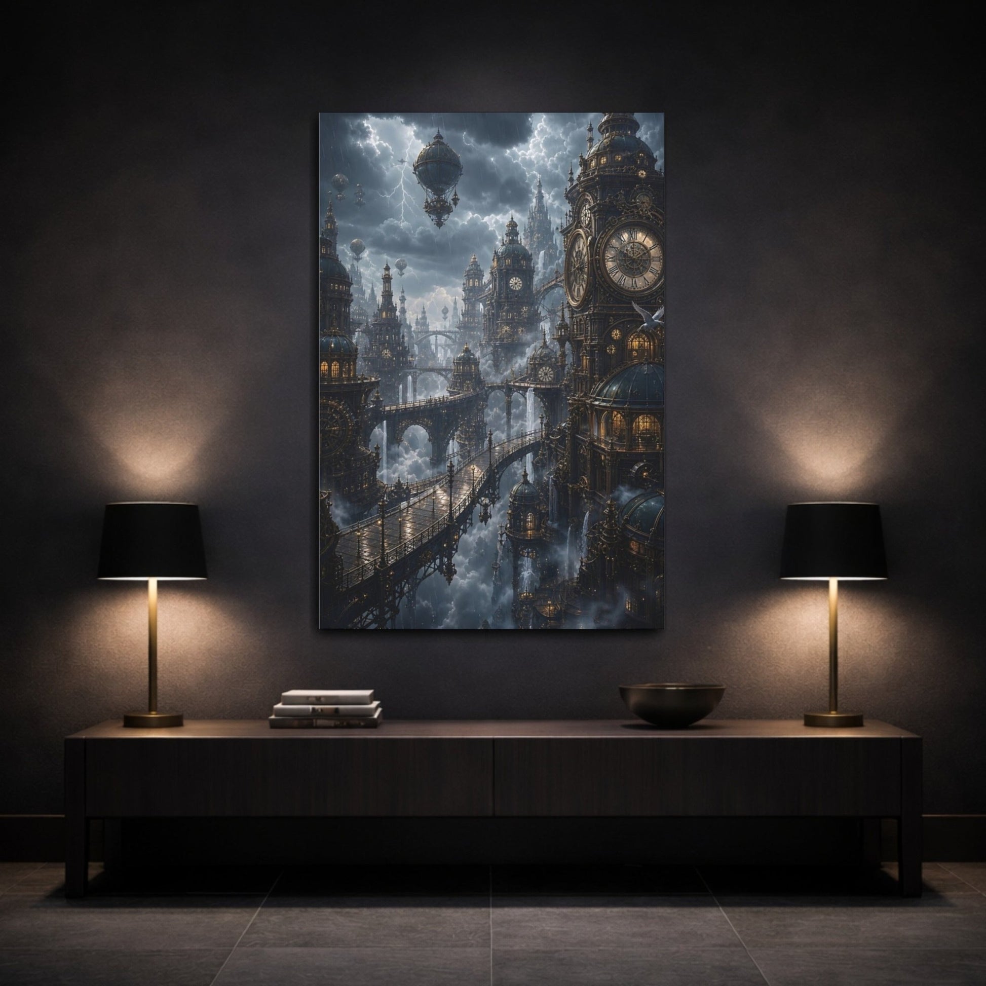 Science Fiction Steampunk City Cityscape Canvas Print – Decor for Living Room, Above Couch - YesArtYes