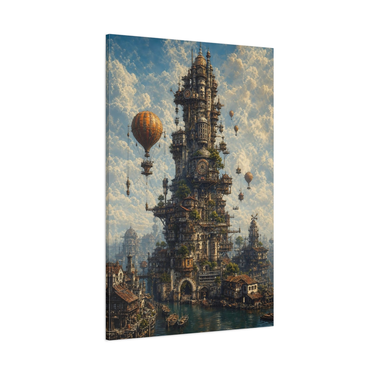 Side Mockup 1. Science Fiction Steampunk City Steampunk Cityscape shown as stretched canvas wall art