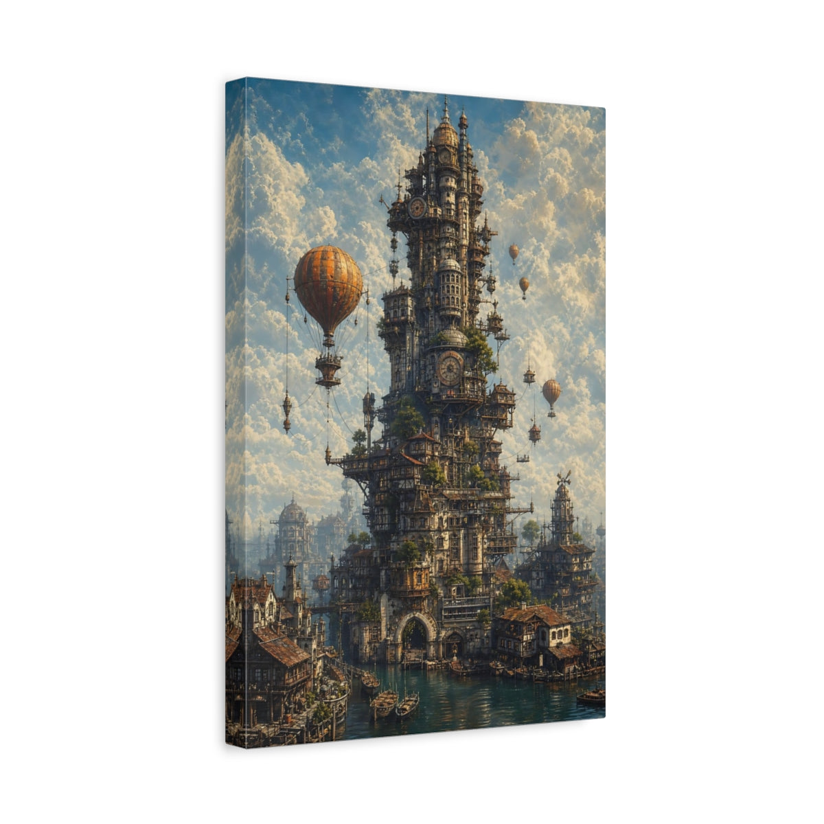 Side Mockup 4. Science Fiction Steampunk City Steampunk Cityscape shown as stretched canvas wall art