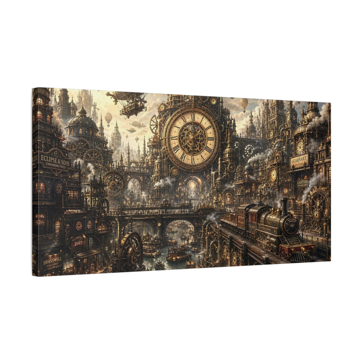 Side Mockup 1. Science Fiction Steampunk City Steampunk Cityscape shown as stretched canvas wall art