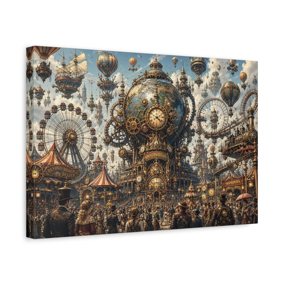 Side Mockup 4. Science Fiction Steampunk City Steampunk Fantasy shown as stretched canvas wall art