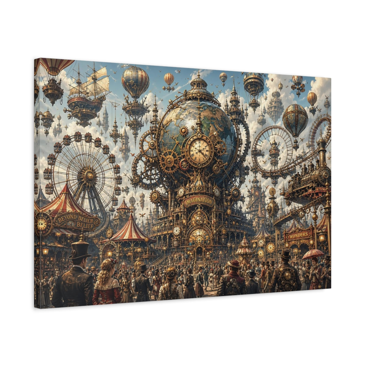 Side Mockup 2. Science Fiction Steampunk City Steampunk Fantasy shown as stretched canvas wall art