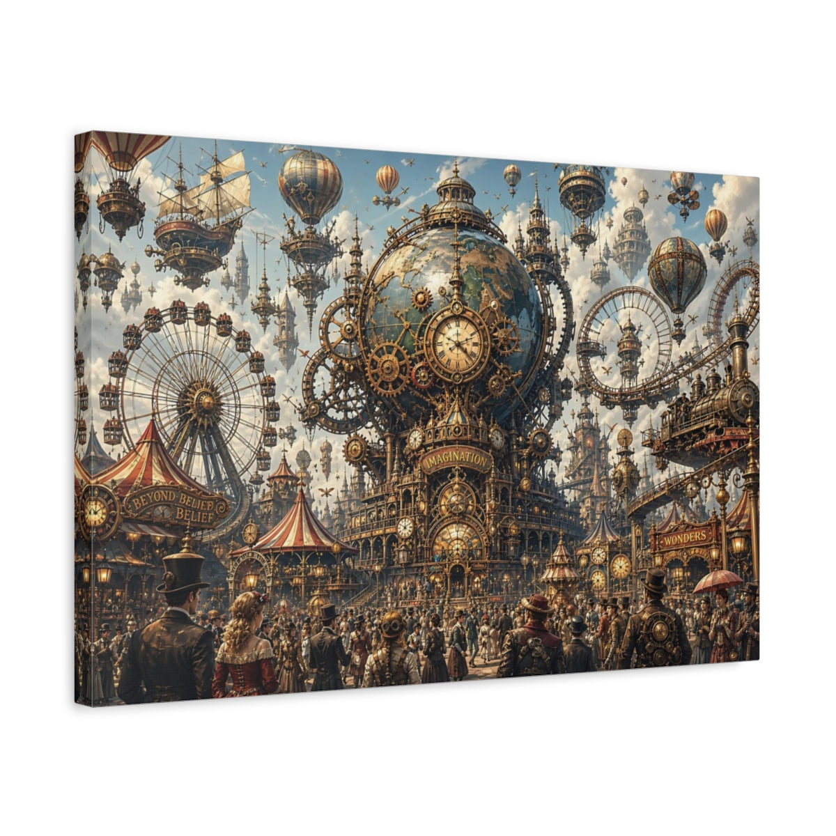 Side Mockup 3. Science Fiction Steampunk City Steampunk Fantasy shown as stretched canvas wall art