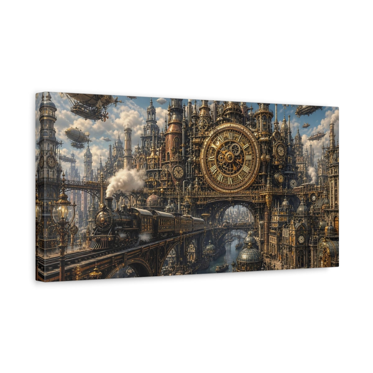 Side Mockup 3. Science Fiction Steampunk City Gold Steampunk shown as stretched canvas wall art