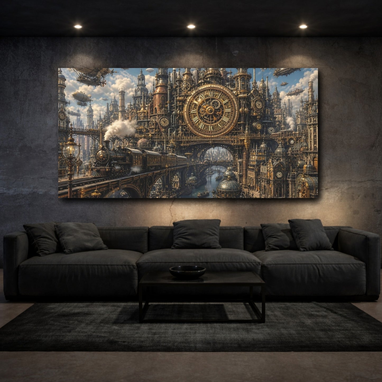 Mockup 2. Science Fiction Steampunk City Gold Steampunk shown as stretched canvas wall art