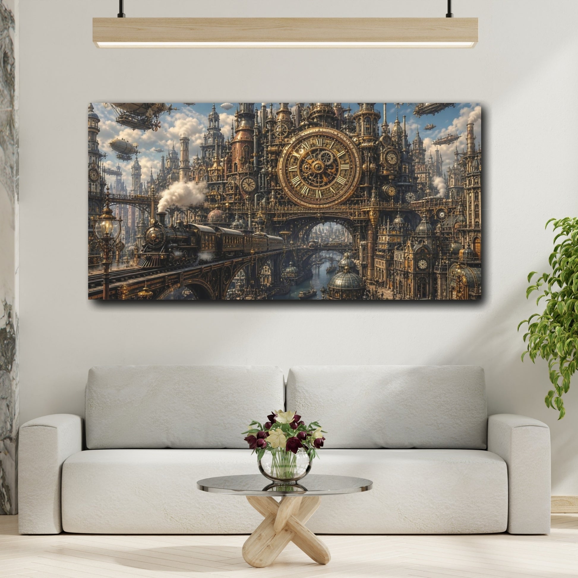 Mockup 3. Science Fiction Steampunk City Gold Steampunk shown as stretched canvas wall art