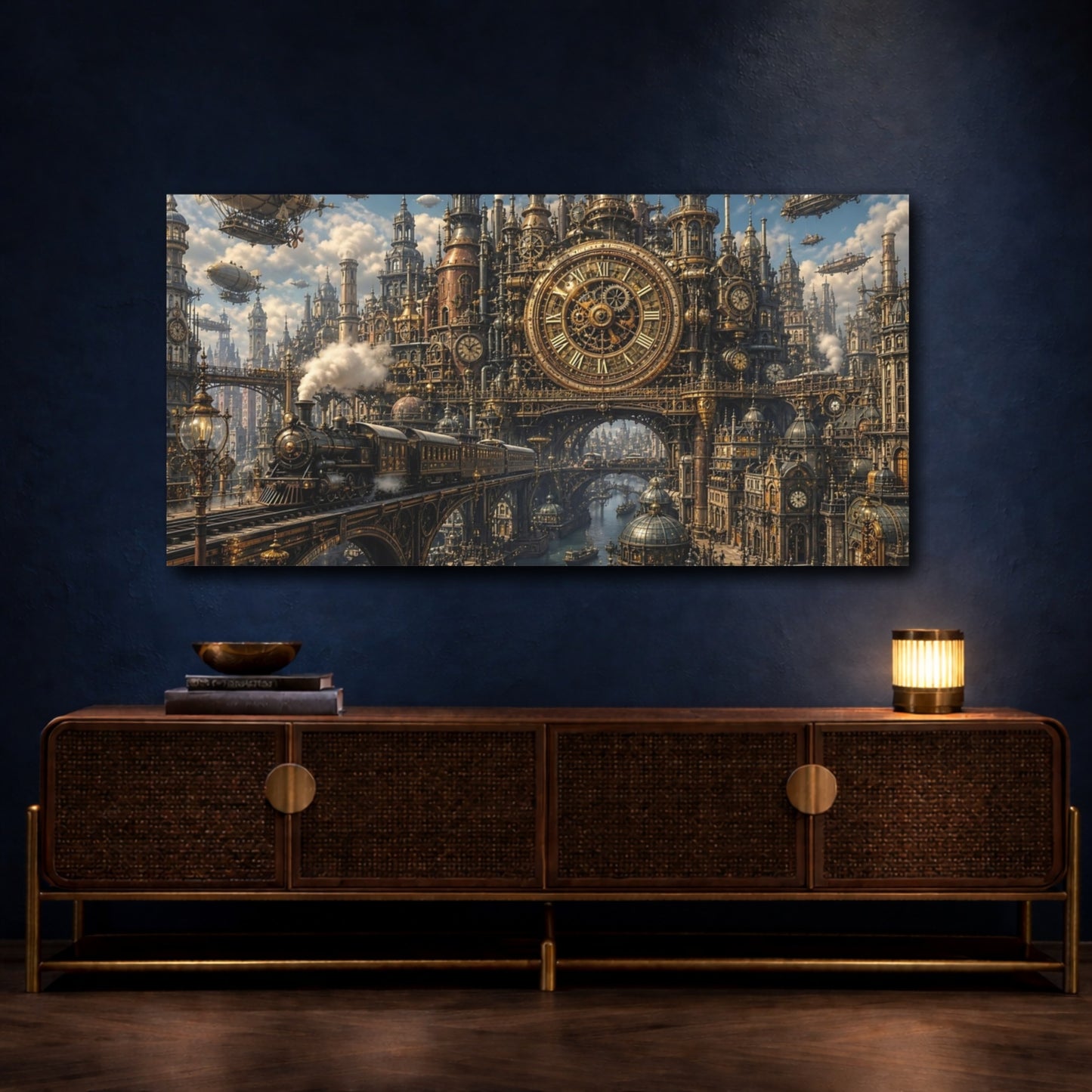Mockup 4. Science Fiction Steampunk City Gold Steampunk shown as stretched canvas wall art